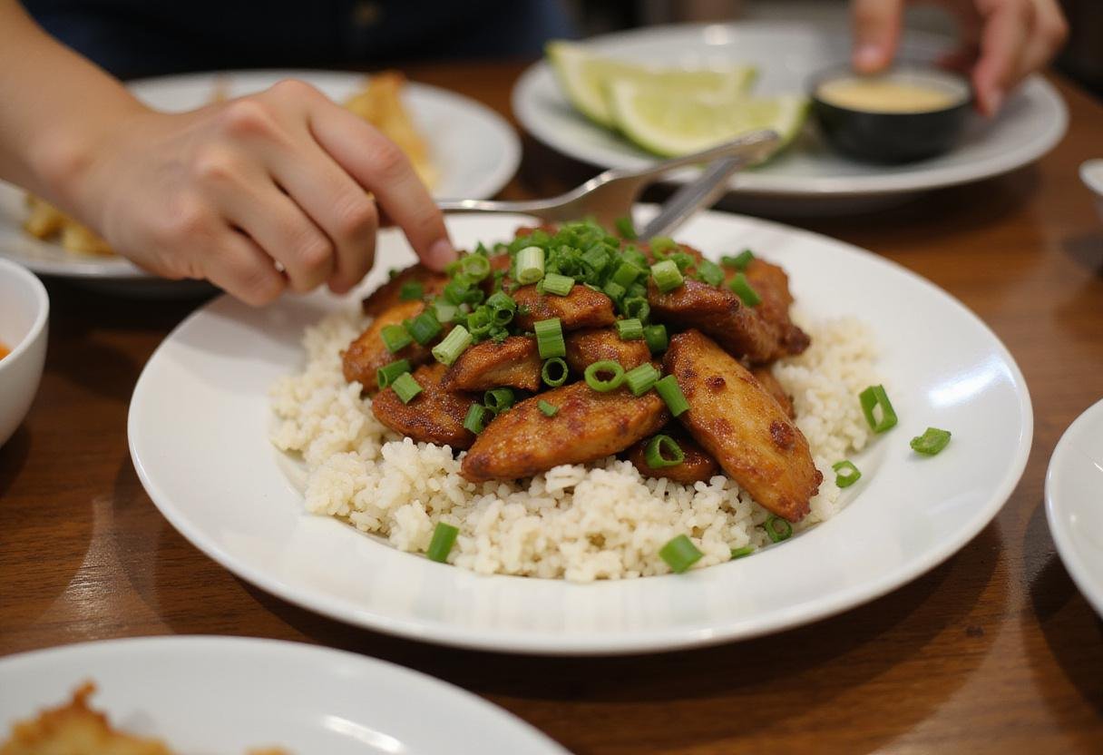 Preparing a plate of Moe's adobo chicken with rice and garnishes, ready to serve a delightful meal.