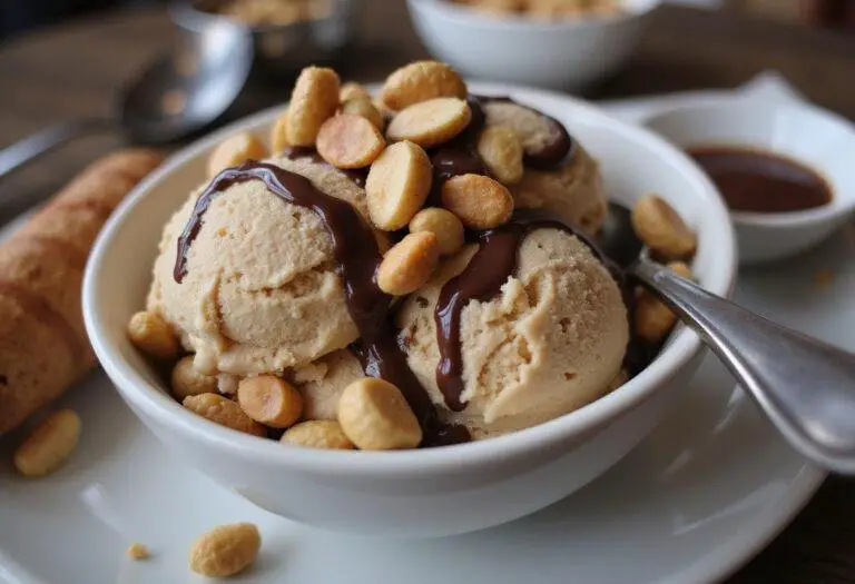 Delicious bowl of homemade moose tracks ice cream, showcasing chocolate and peanut butter swirls with peanuts on top.