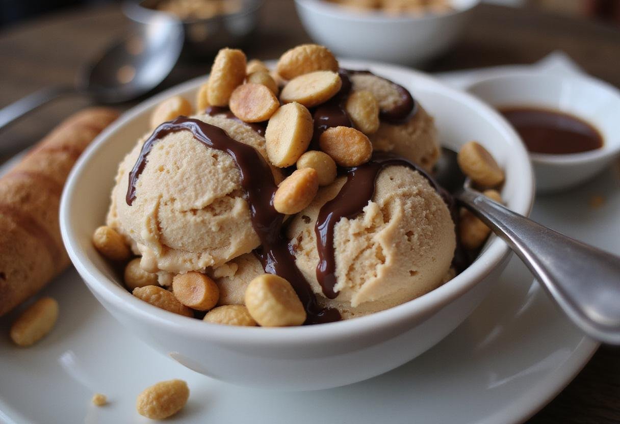 Delicious bowl of homemade moose tracks ice cream, showcasing chocolate and peanut butter swirls with peanuts on top.