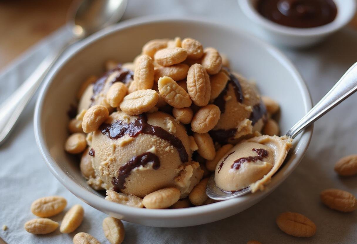 Delicious bowl of homemade moose tracks ice cream, showcasing chocolate and peanut butter swirls with peanuts on top.