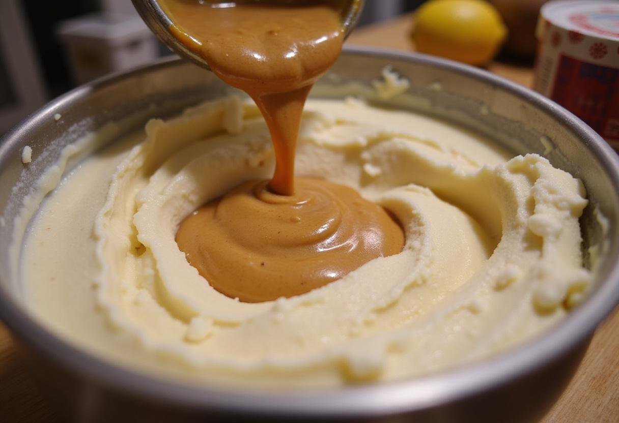 Swirling creamy peanut butter into moose tracks ice cream mixture for a rich flavor combination.