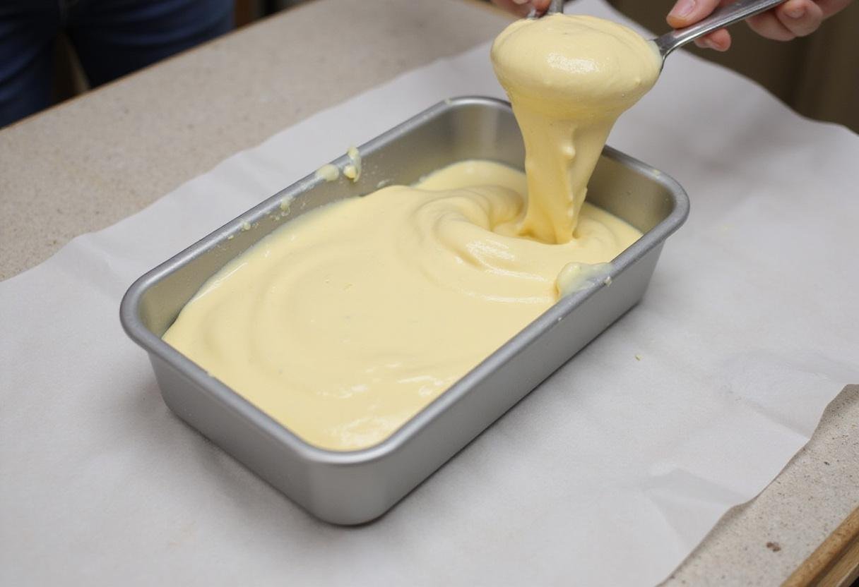 Scooping moose tracks ice cream mixture into a container for freezing, showcasing the preparation of delicious ice cream.