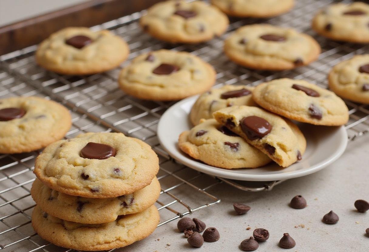 Deliciously baked Nestle Toll House chocolate chip cookies cooling on a rack, showcasing their golden color and soft texture, perfect dessert treat.