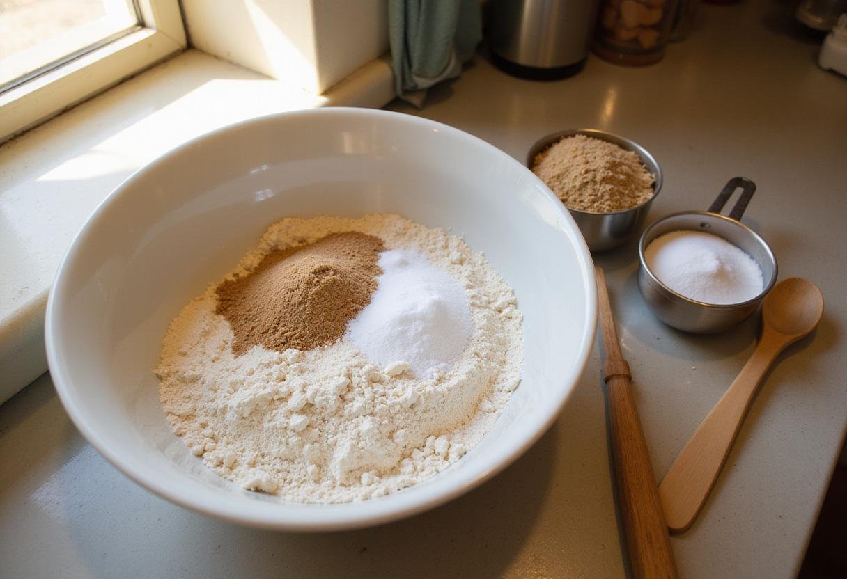 Nestle chocolate chip cookies recipe with ingredients like flour, brown sugar, and baking soda on a kitchen counter, showcasing the beginning of baking process.