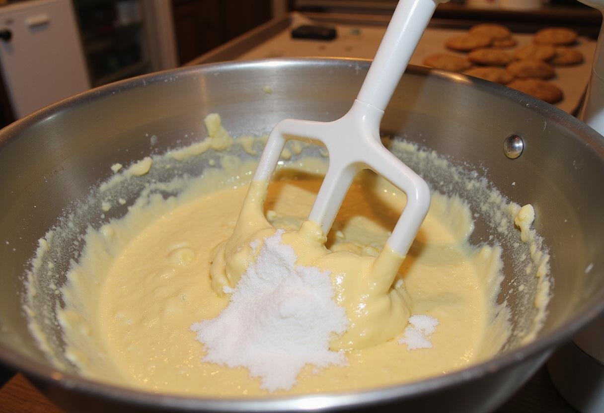 Preparing Nestle Toll House chocolate chip cookies as softened butter and sugar are mixed together in a bowl, preparing for delicious cookies.