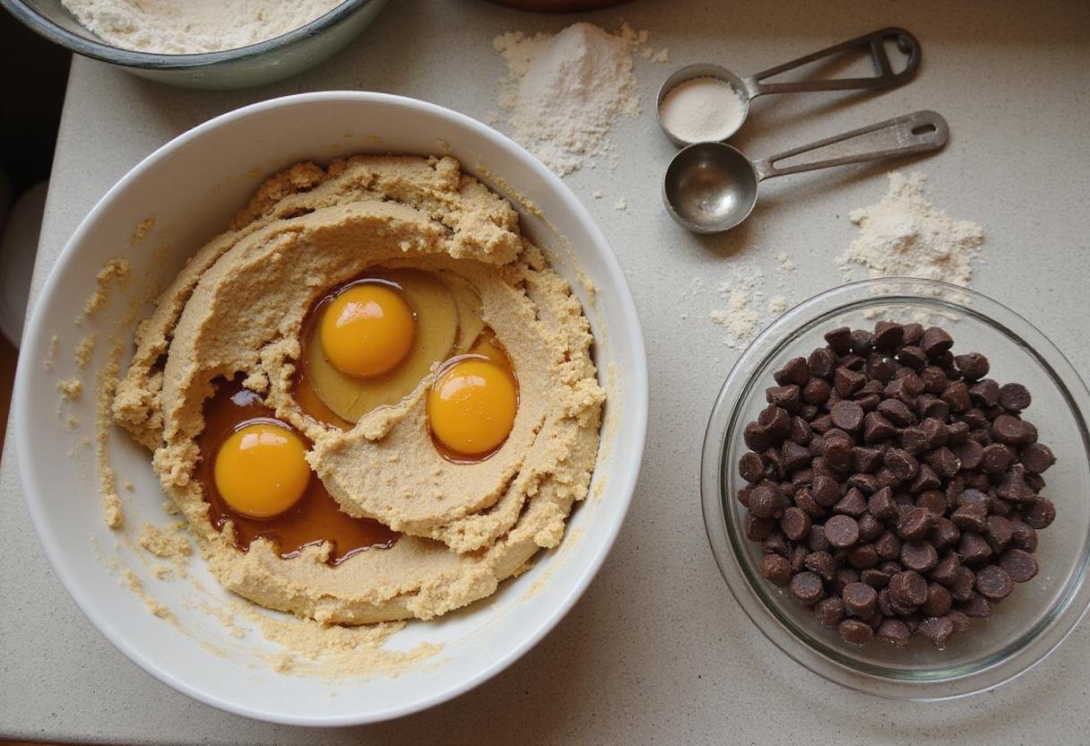 Finalizing the Nestle chocolate chip cookies recipe as eggs, vanilla, and chocolate chips are prepared to create the cookie dough.