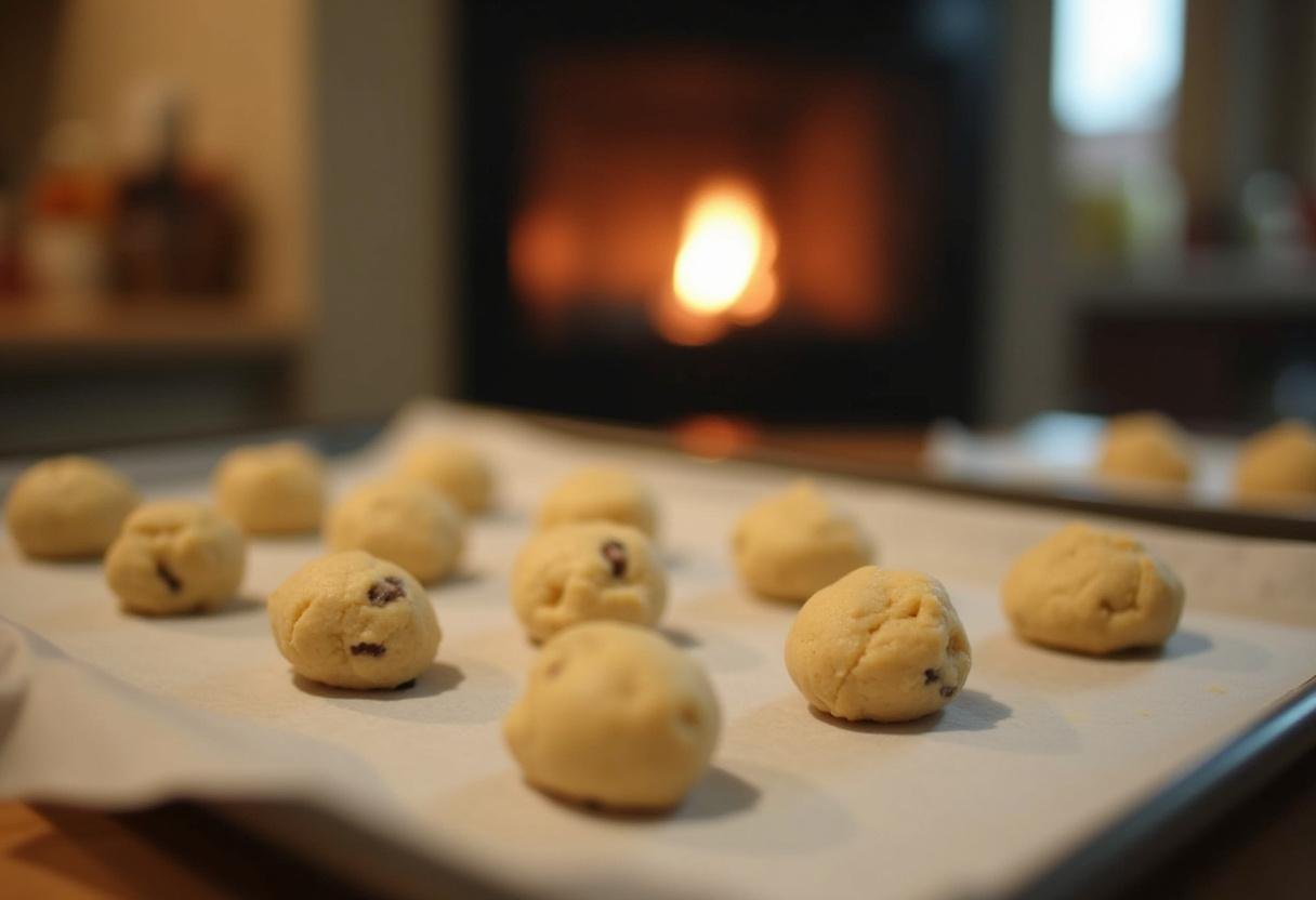 Spoonfuls of Nestle chocolate chip cookie dough on a baking sheet, ready for baking, in an inviting kitchen setting.
