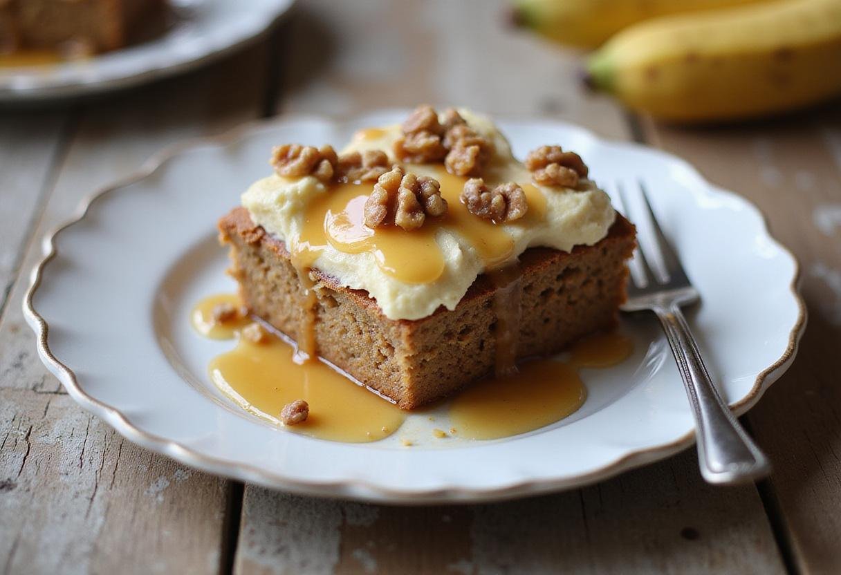 Delicious slice of no-bake banana bread dessert on a rustic wooden table, garnished with honey and walnuts for a mouthwatering presentation.