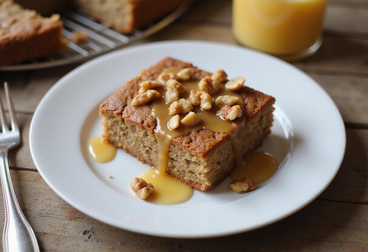 Delicious slice of no-bake banana bread dessert on a rustic wooden table, garnished with honey and walnuts for a mouthwatering presentation.