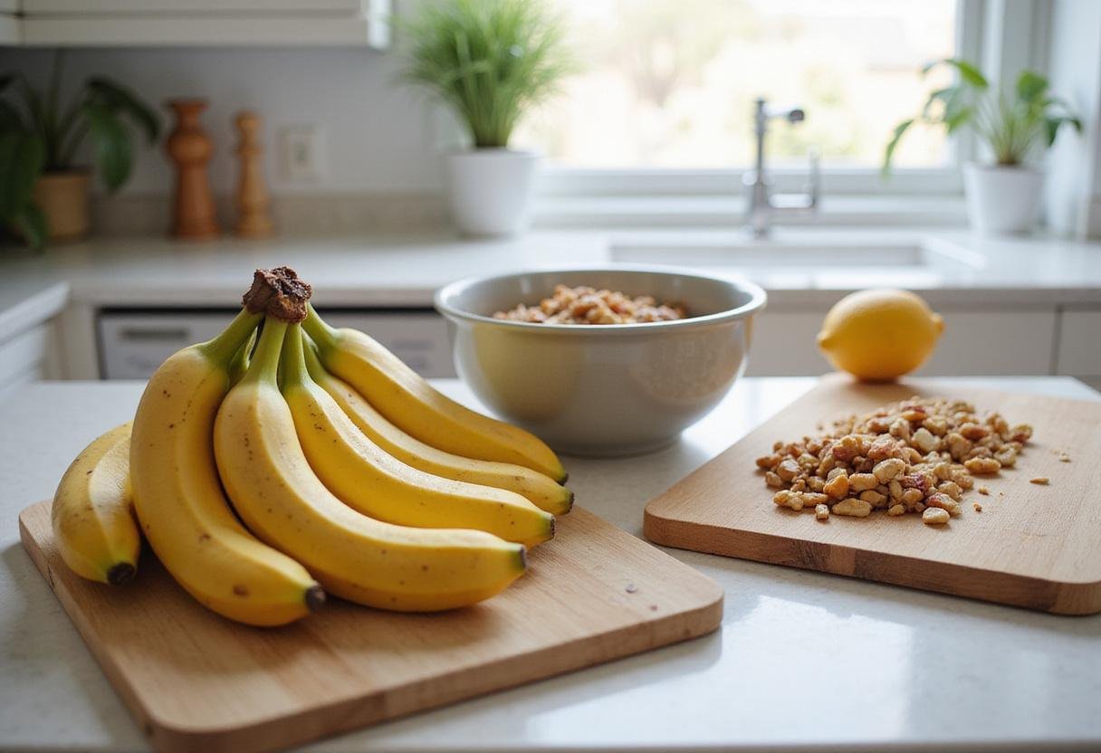Ingredients for no-bake banana bread desserts including ripe bananas and chopped nuts on a kitchen counter.