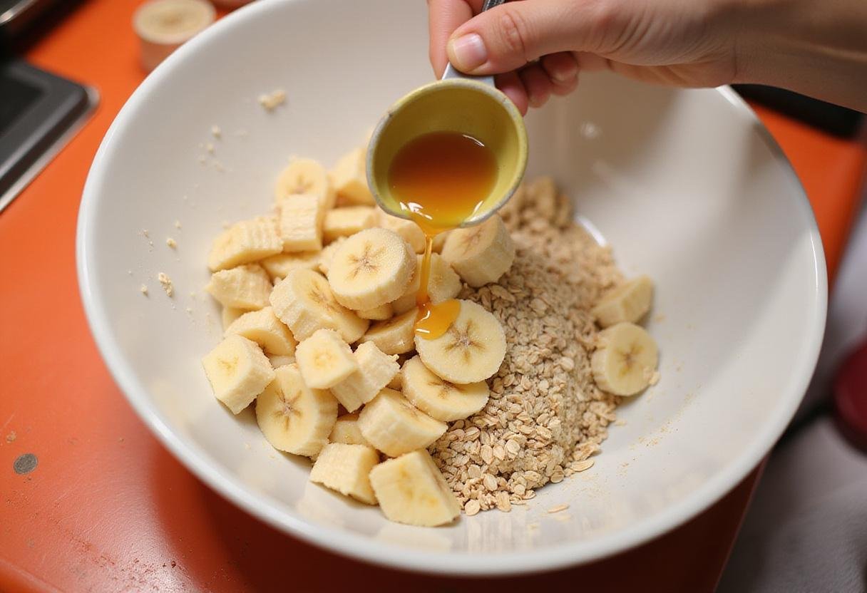 Mixing crushed bananas with oats and honey for a no-bake banana bread dessert in a bright kitchen.