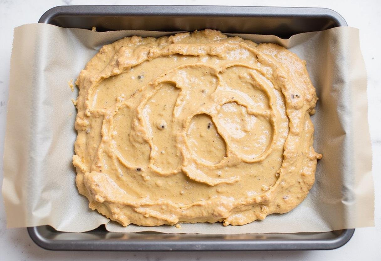 Preparing no-bake banana bread desserts by pressing the banana mixture into a lined dish for proper setting.