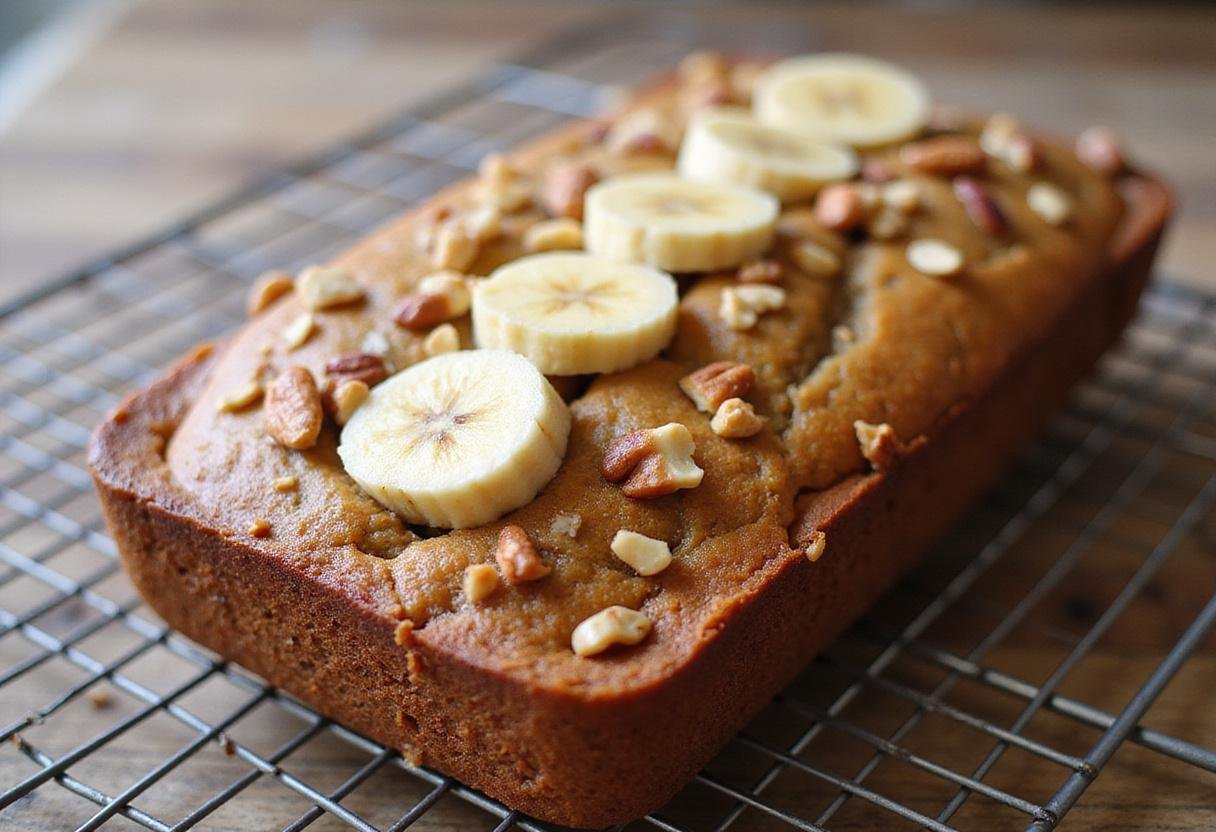 Cooling no-bake banana bread dessert garnished with banana slices and nuts on a rack, ready for serving.