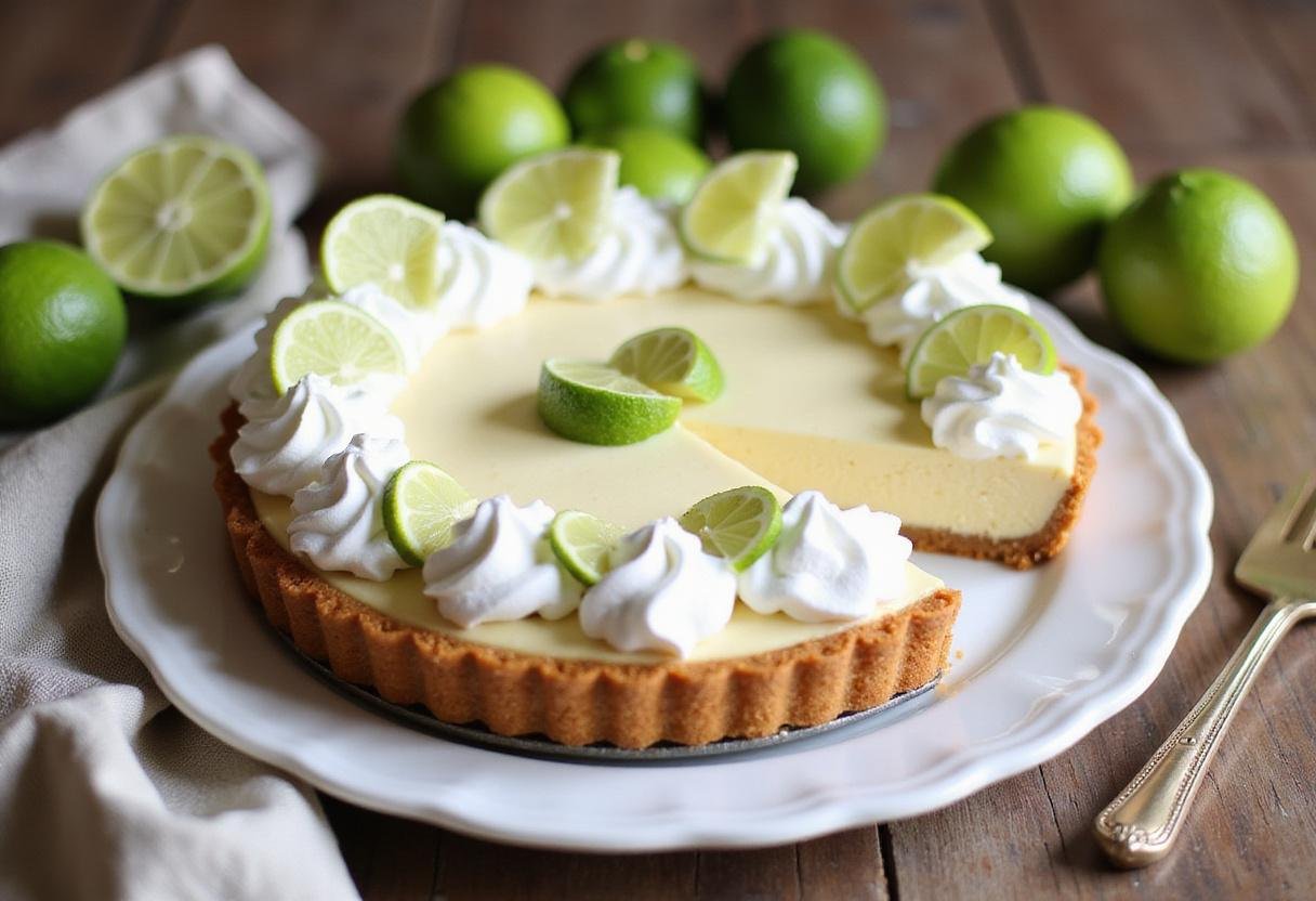 Delicious no bake key lime pie ready to enjoy, beautifully decorated for serving, an ideal dessert for gatherings.
