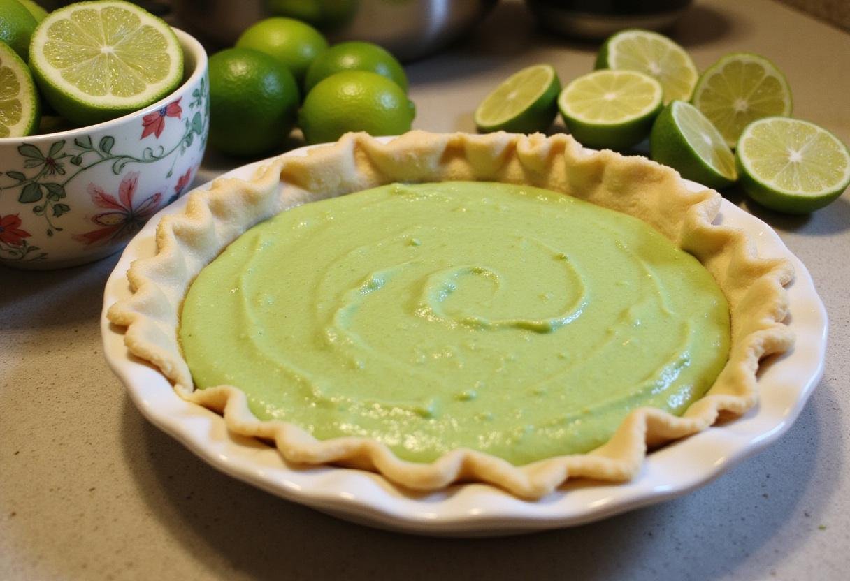 No bake key lime pie filling being poured into the crust, visually appealing preparation point of the delicious dessert.
