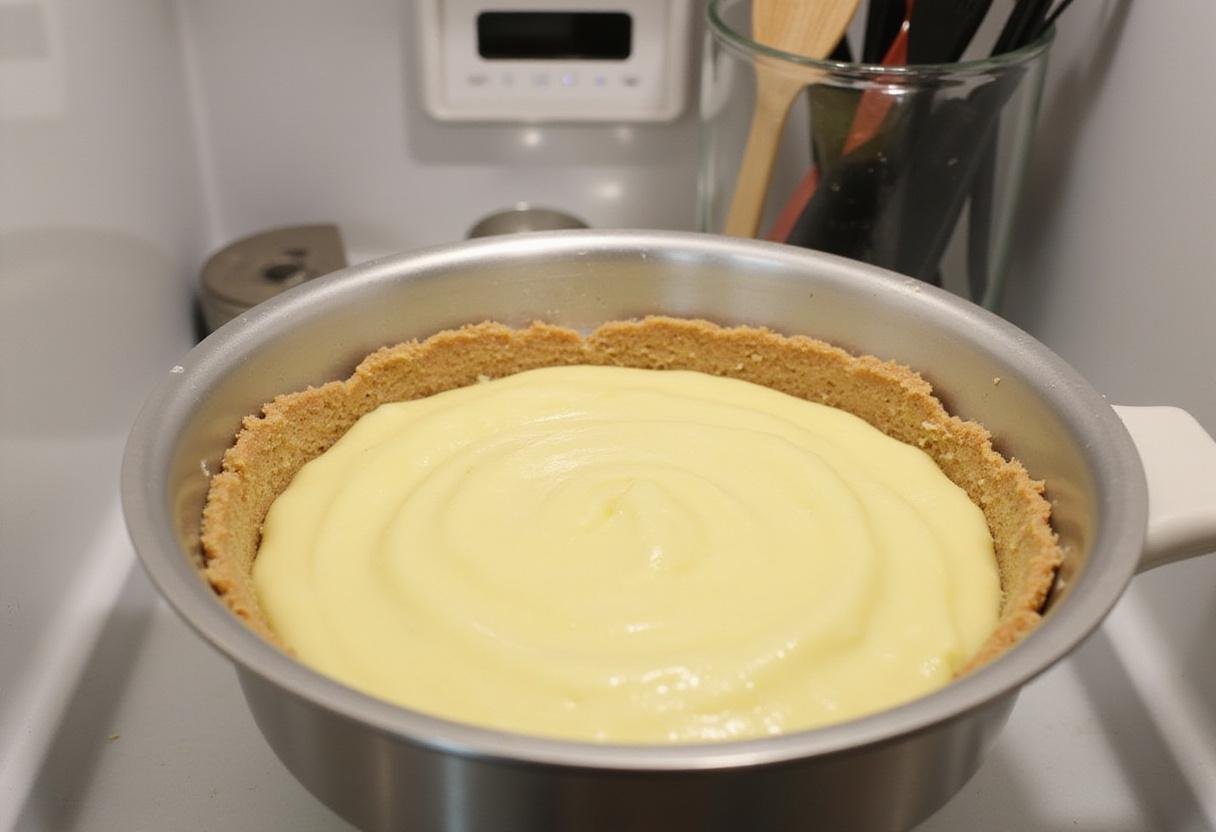 Refrigerating a stunning no bake key lime pie, ready to chill and serve, perfect dessert for any occasion.