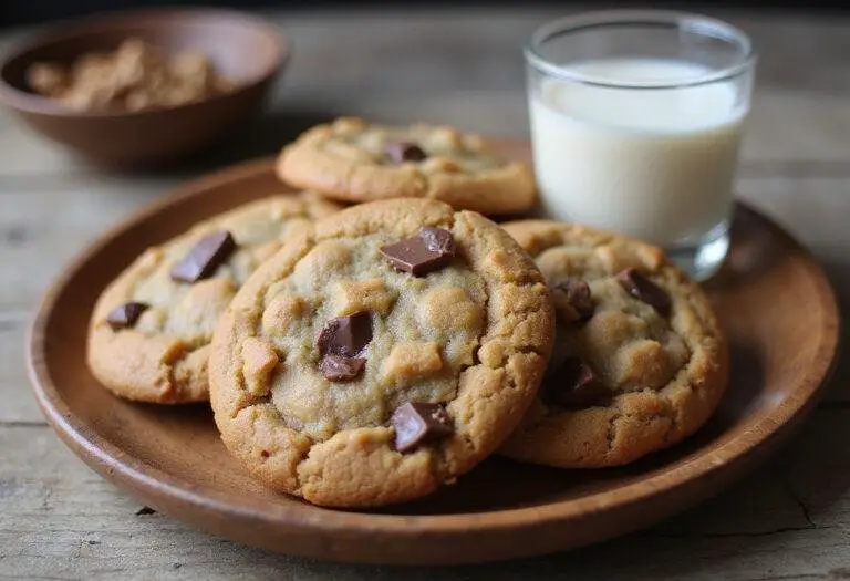 Delicious brown butter oatmeal chocolate chip cookies served on a plate, showcasing the rich flavors and textures of toffee and chocolate.
