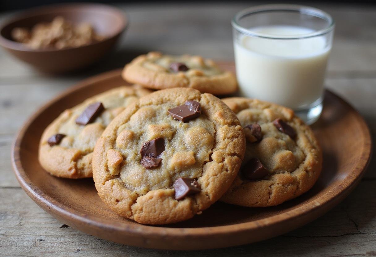 Delicious brown butter oatmeal chocolate chip cookies served on a plate, showcasing the rich flavors and textures of toffee and chocolate.