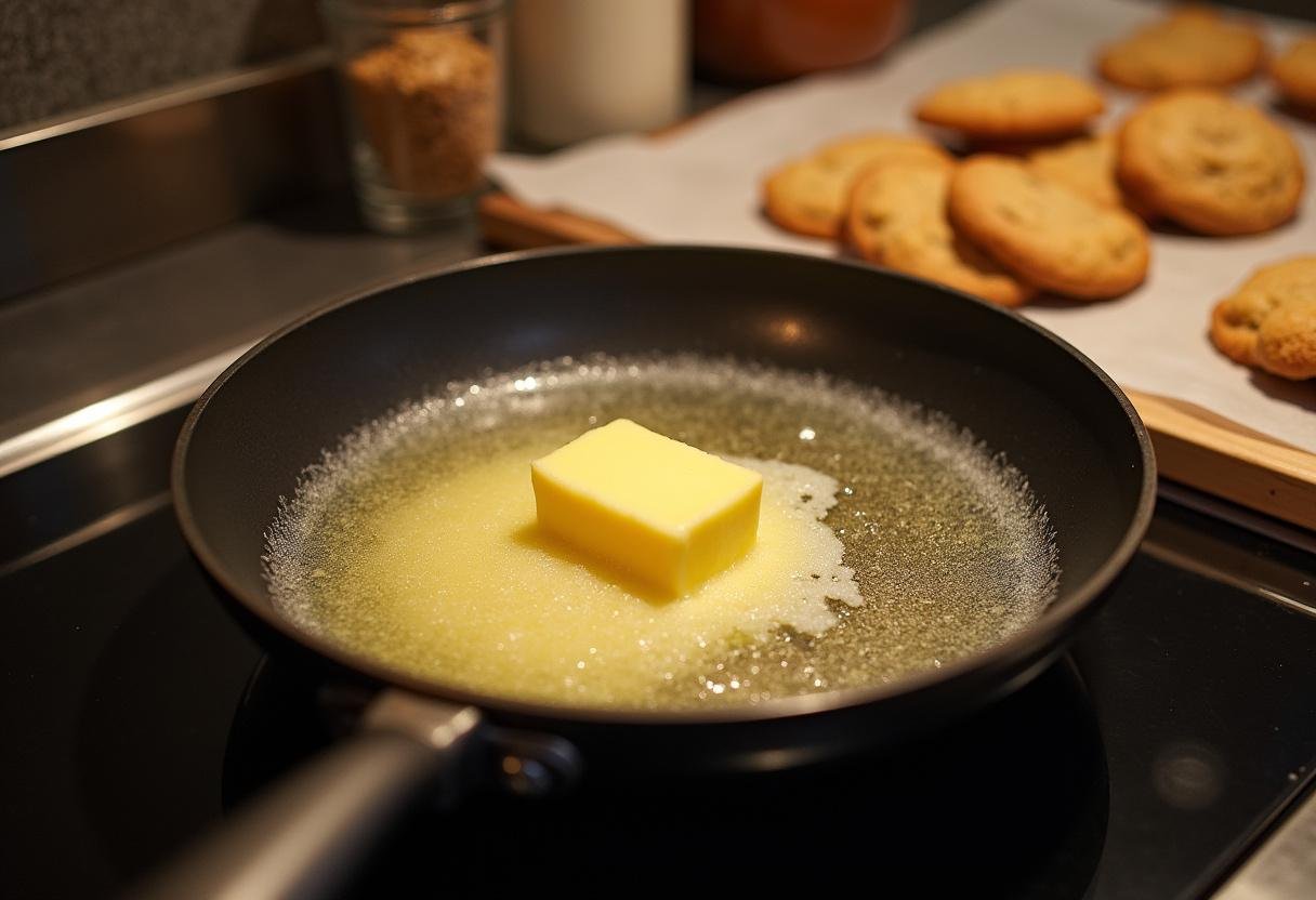 Melted brown butter in a pan, showing the preparation of brown butter oatmeal chocolate chip cookies with ingredients on the counter.