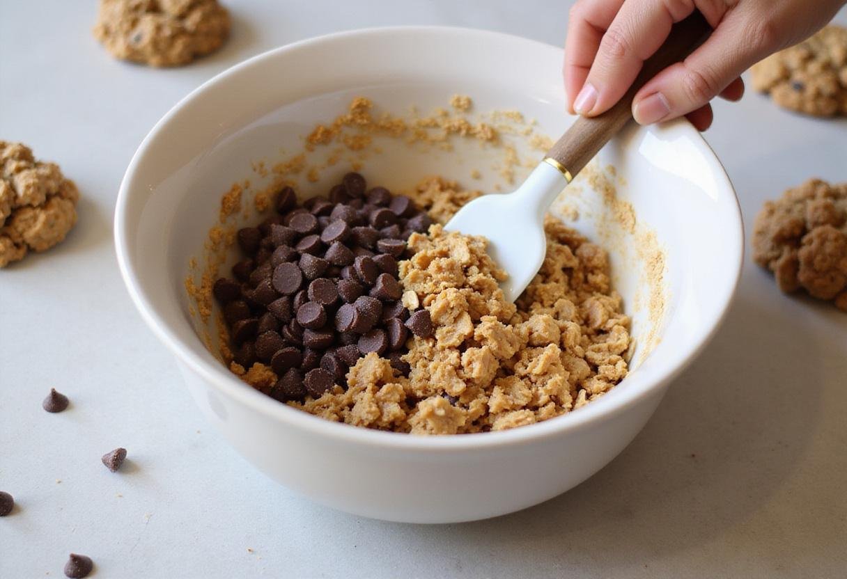 Combining oats, toffee chips, and chocolate chips for baked brown butter toffee chocolate chip cookies with a cozy kitchen backdrop.