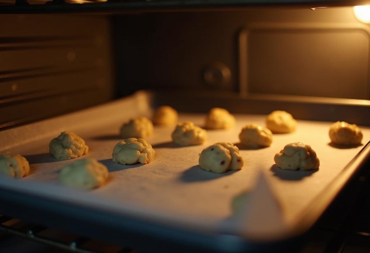 Placing cookie dough balls on a baking sheet for baking brown butter oatmeal chocolate chip cookies, with an inviting oven in the background.