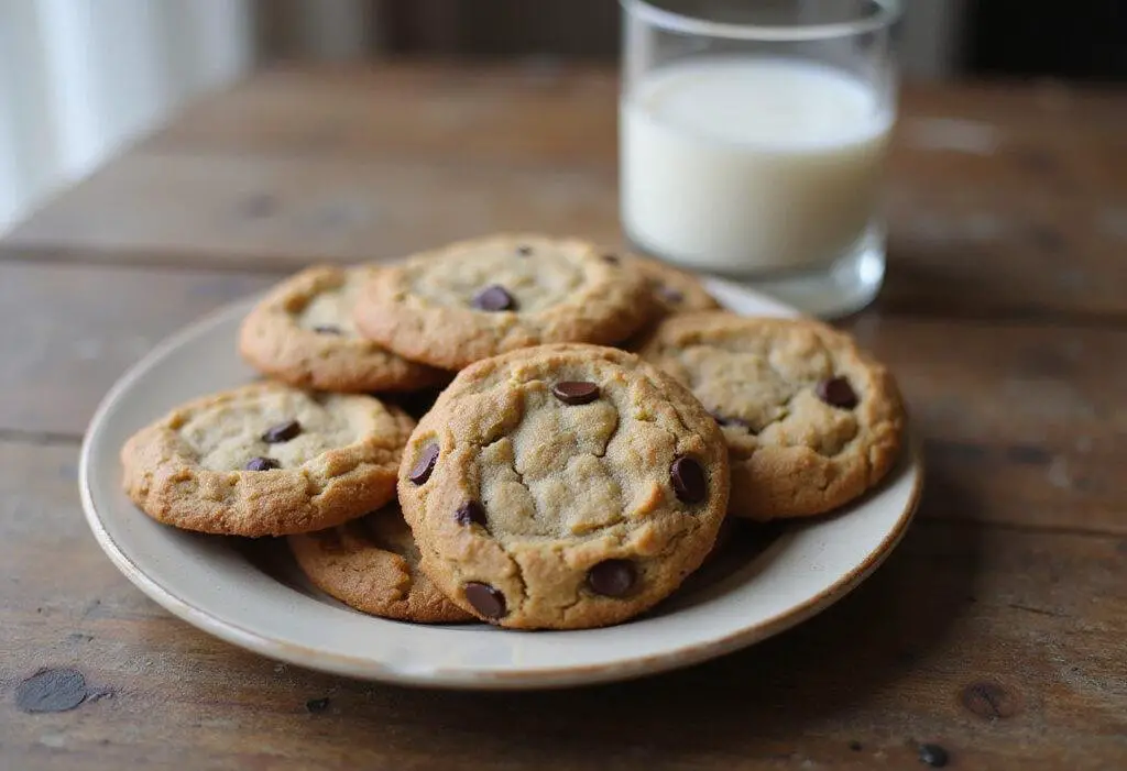 Deliciously baked oat flour chocolate chip cookies displayed on a plate, ready to be enjoyed with a glass of milk.
