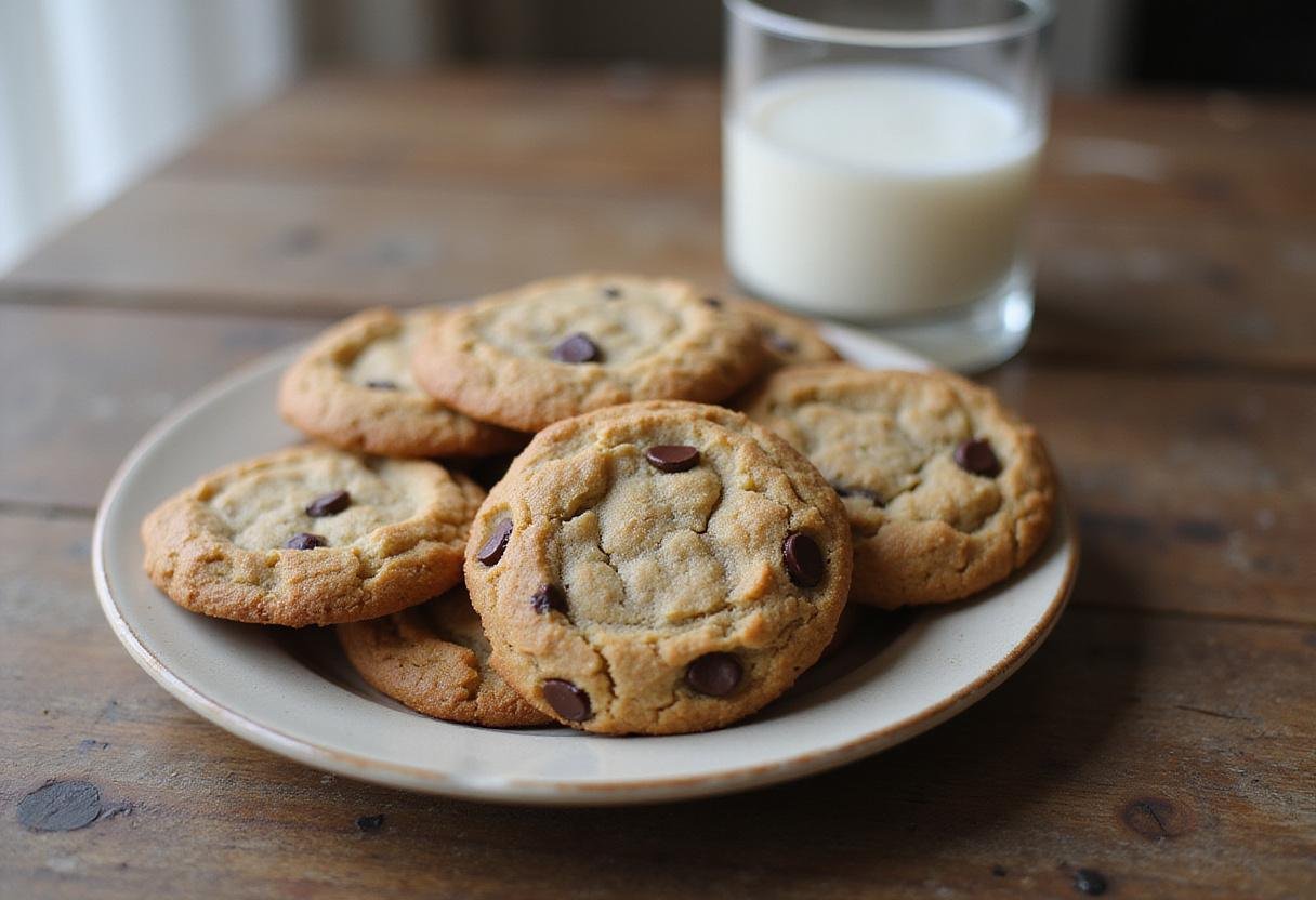 Deliciously baked oat flour chocolate chip cookies displayed on a plate, ready to be enjoyed with a glass of milk.