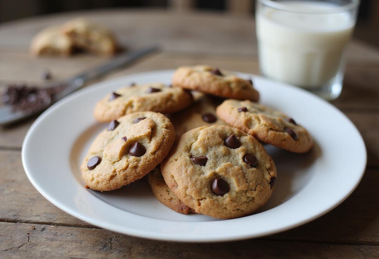 Deliciously baked oat flour chocolate chip cookies displayed on a plate, ready to be enjoyed with a glass of milk.