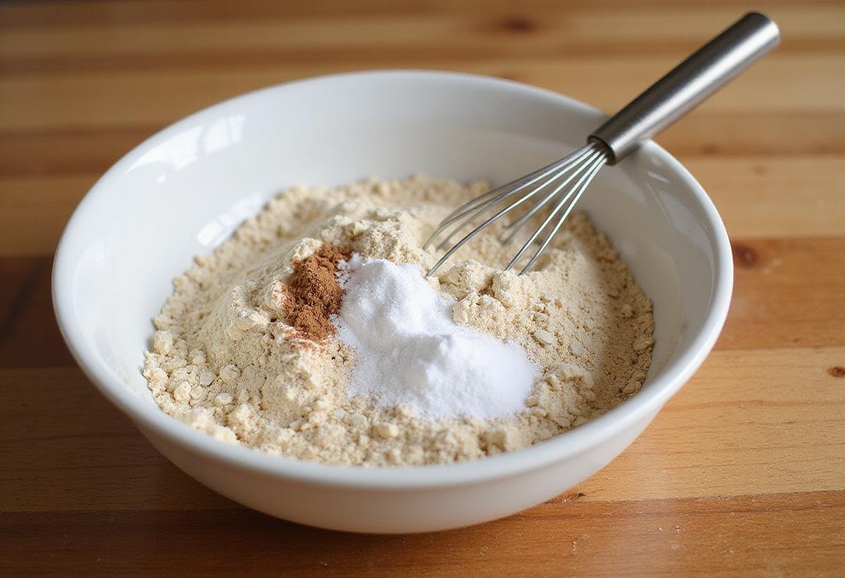 Mixing dry ingredients for oat flour chocolate chip cookies including oat flour, baking soda, and salt.