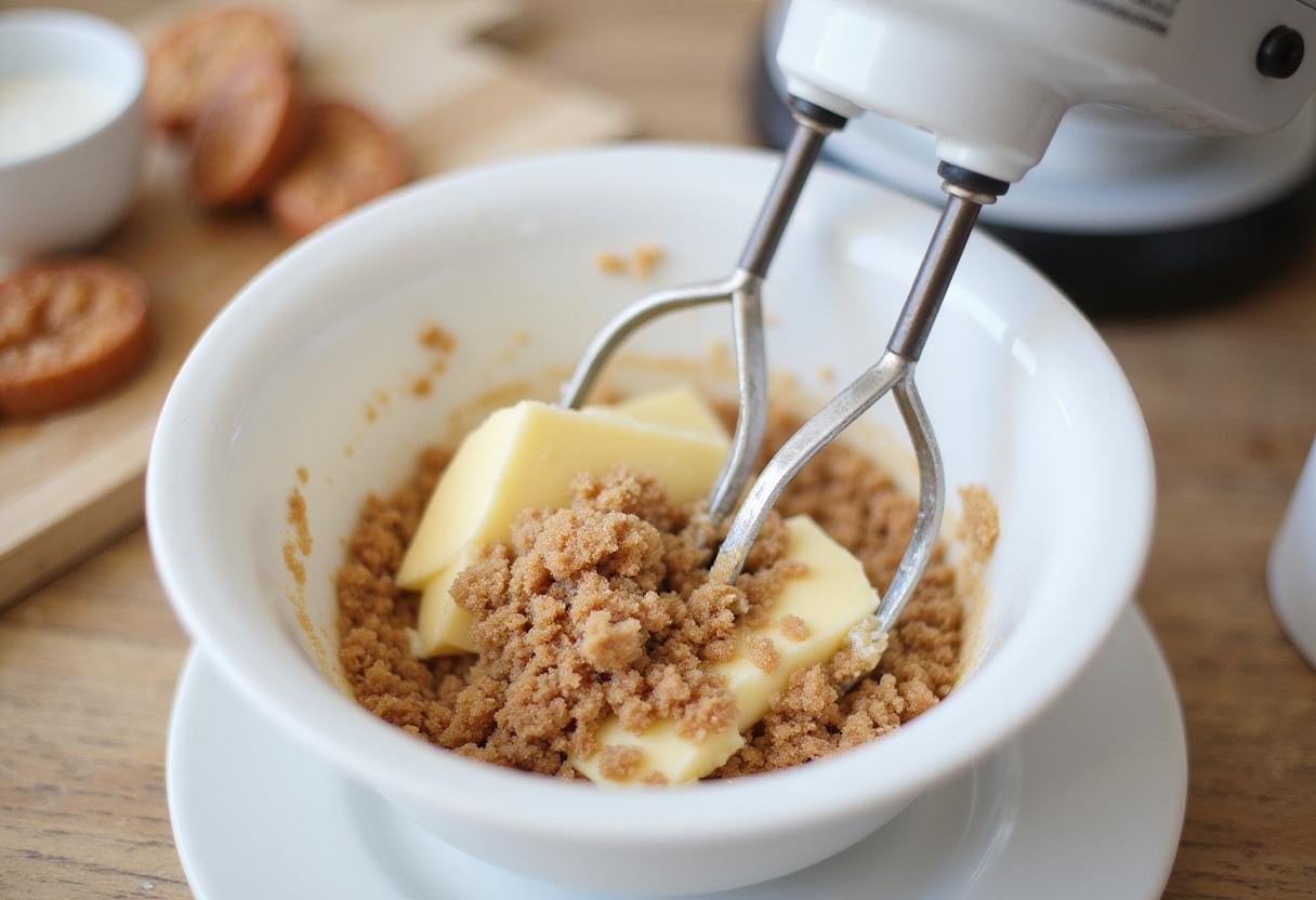 Creaming butter and brown sugar for delicious oat flour chocolate chip cookies, showcasing the cookie preparation process.