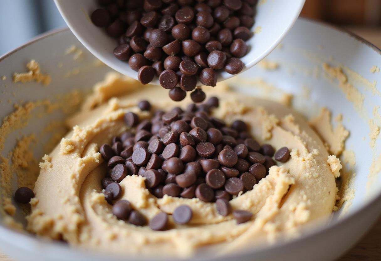 Adding chocolate chips to the oat flour cookie dough for flavorful oat flour chocolate chip cookies.