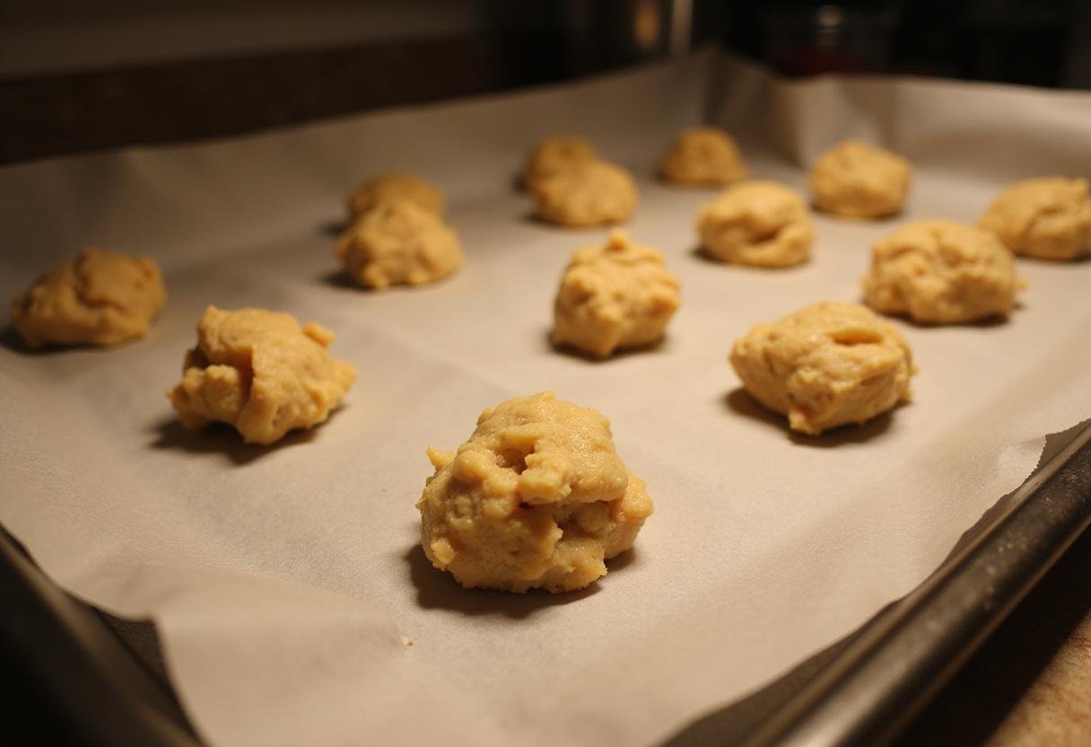 Scoop shaped cookie dough on a baking sheet, ready to bake oat flour chocolate chip cookies at home.