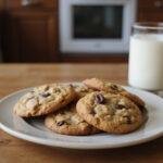 A delicious display of warm oatmeal raisin chocolate chip cookies on a plate with a glass of milk, perfect for enjoying after baking.