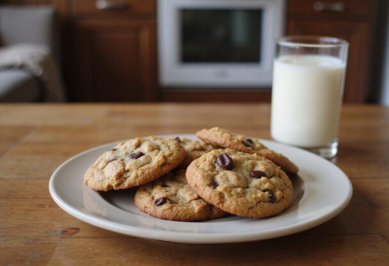 A delicious display of warm oatmeal raisin chocolate chip cookies on a plate with a glass of milk, perfect for enjoying after baking.