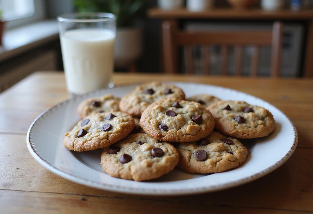 A delicious display of warm oatmeal raisin chocolate chip cookies on a plate with a glass of milk, perfect for enjoying after baking.