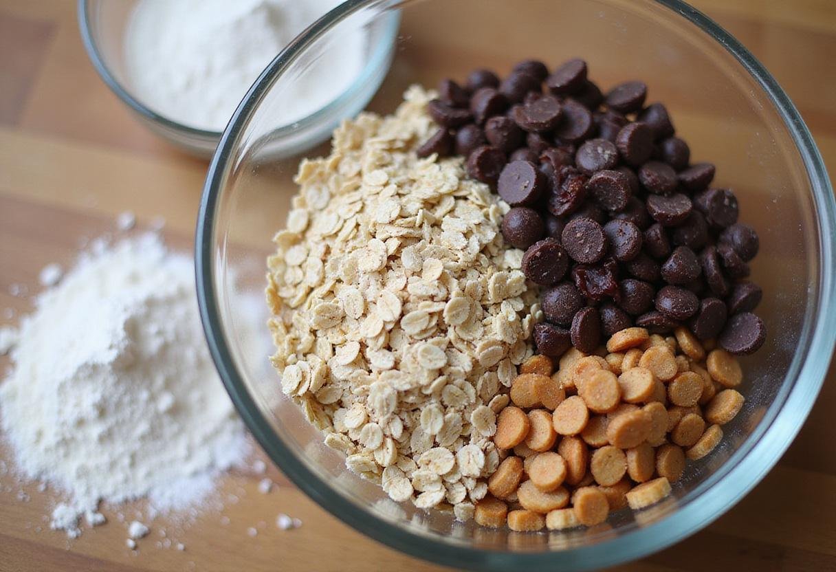 Ingredients for oatmeal raisin chocolate chip cookies, showing oats, raisins, chocolate chips, flour, and sugar in a bowl.
