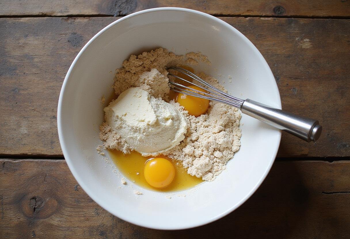 Mixing dry ingredients for oatmeal raisin chocolate chip cookies with melted butter and eggs in a bowl, capturing the baking process.