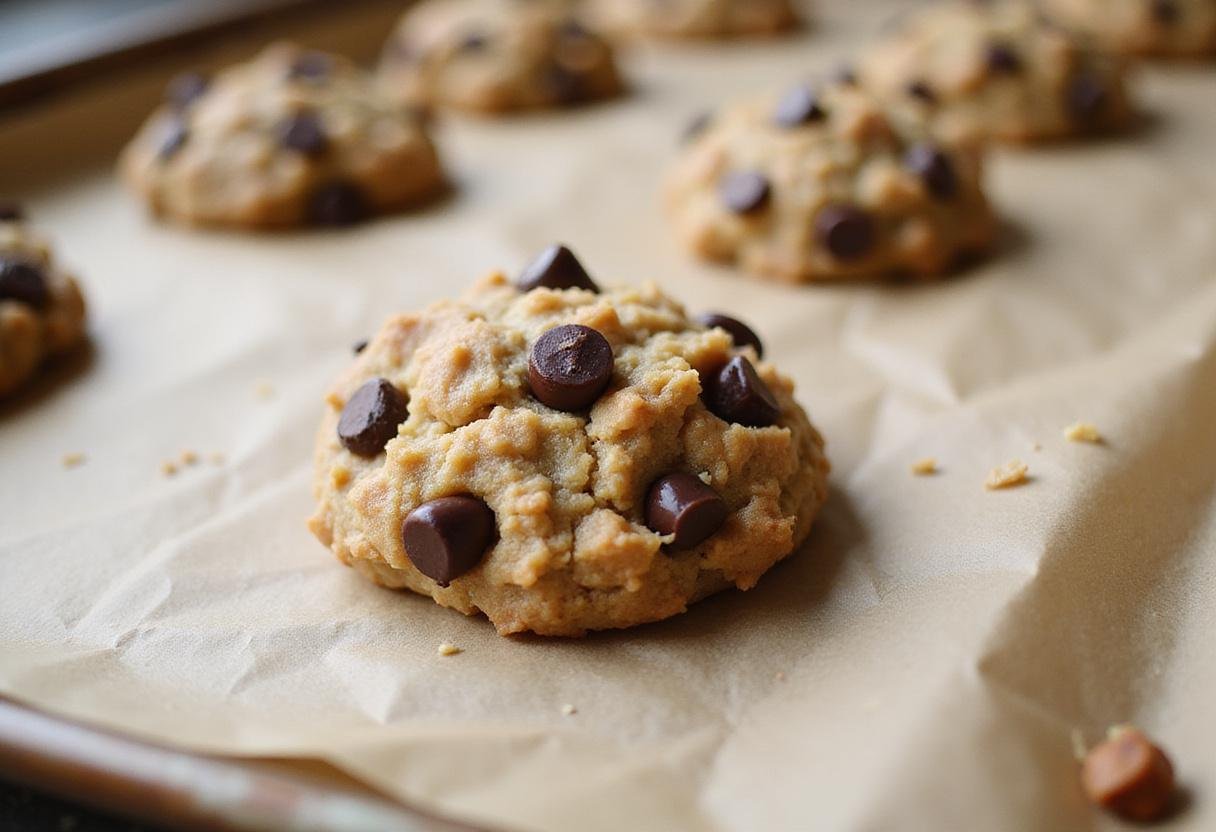 Scooping oatmeal raisin chocolate chip cookie dough onto a baking sheet, illustrating the preparation stage of the cookies.