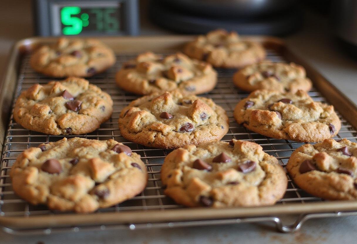 Cooling oatmeal raisin chocolate chip cookies on a wire rack, highlighting the final baking step of the recipe.