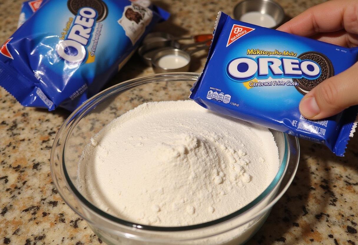Oreo chocolate chip cookies ingredients preparation, showcasing flour, sugar, and Oreo cookies in a kitchen setting.