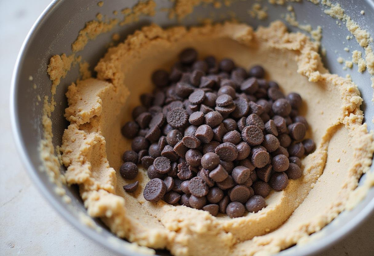Preparing Oreo chocolate chip cookie mix with chopped Oreos and chocolate chips, highlighting the delicious ingredients in a baking atmosphere.