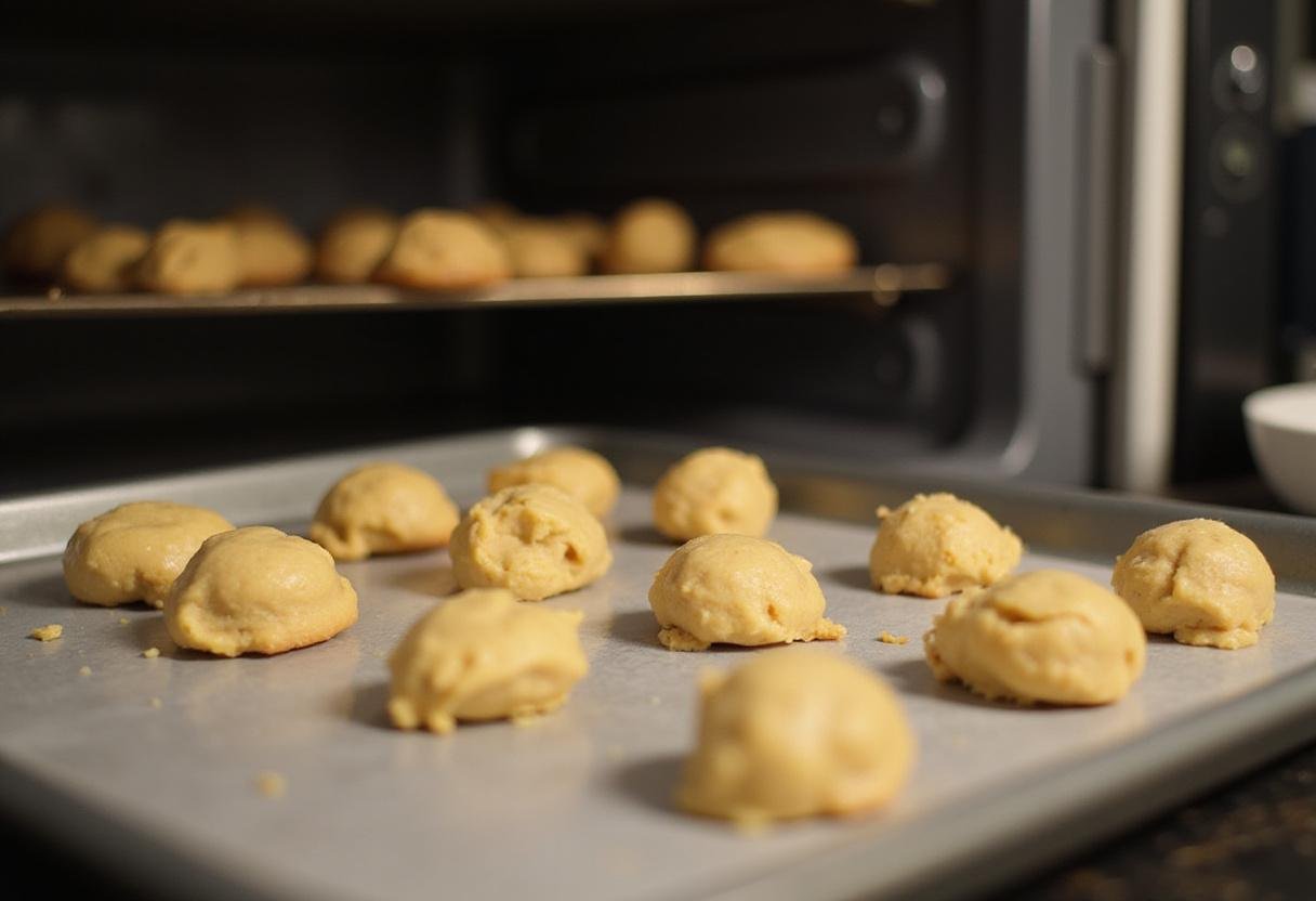 Baking tray with unbaked Oreo chocolate chip cookies ready for the oven, showcasing the cookie preparation stage in a warm kitchen.