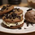 Oreo & Cookie Dough Ice Cream Cookies beautifully displayed with a scoop of chocolate cookie dough ice cream, perfect for dessert lovers.