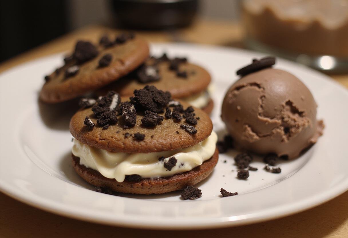 Oreo & Cookie Dough Ice Cream Cookies beautifully displayed with a scoop of chocolate cookie dough ice cream, perfect for dessert lovers.