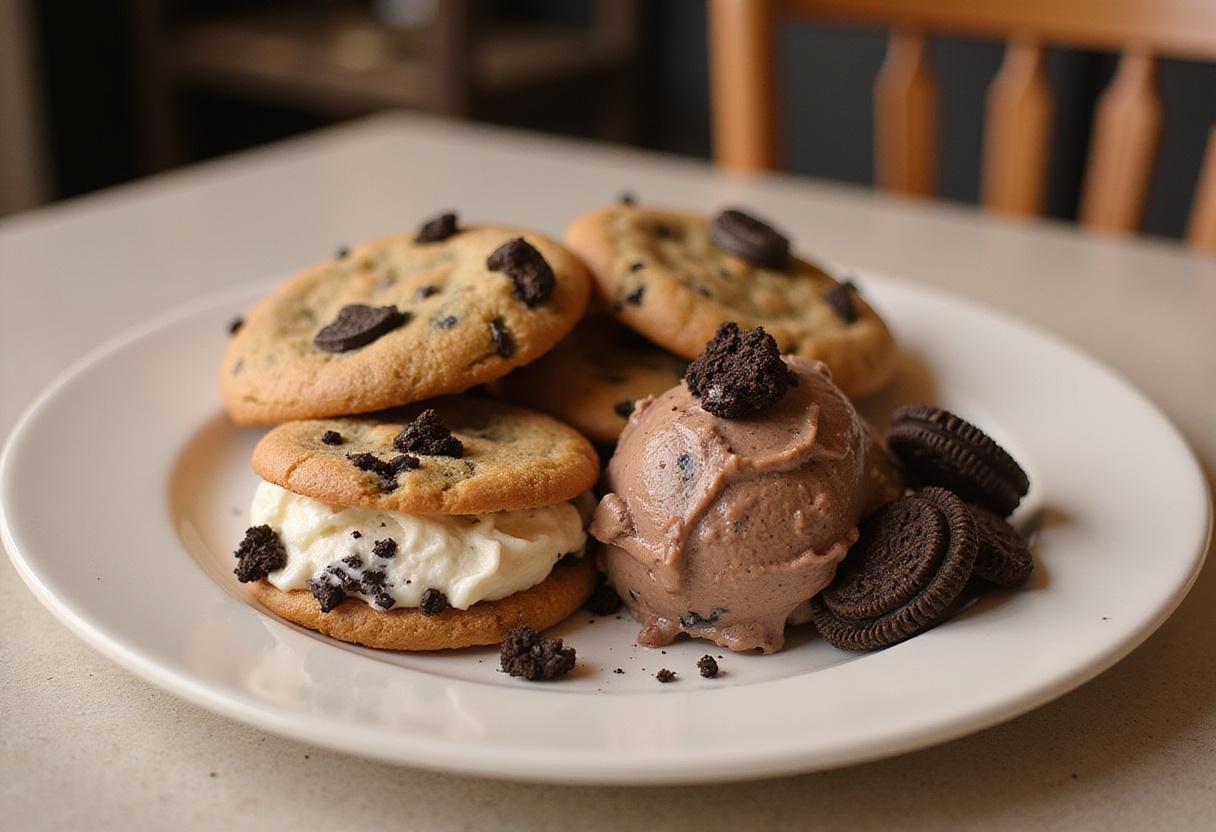 Oreo & Cookie Dough Ice Cream Cookies beautifully displayed with a scoop of chocolate cookie dough ice cream, perfect for dessert lovers.
