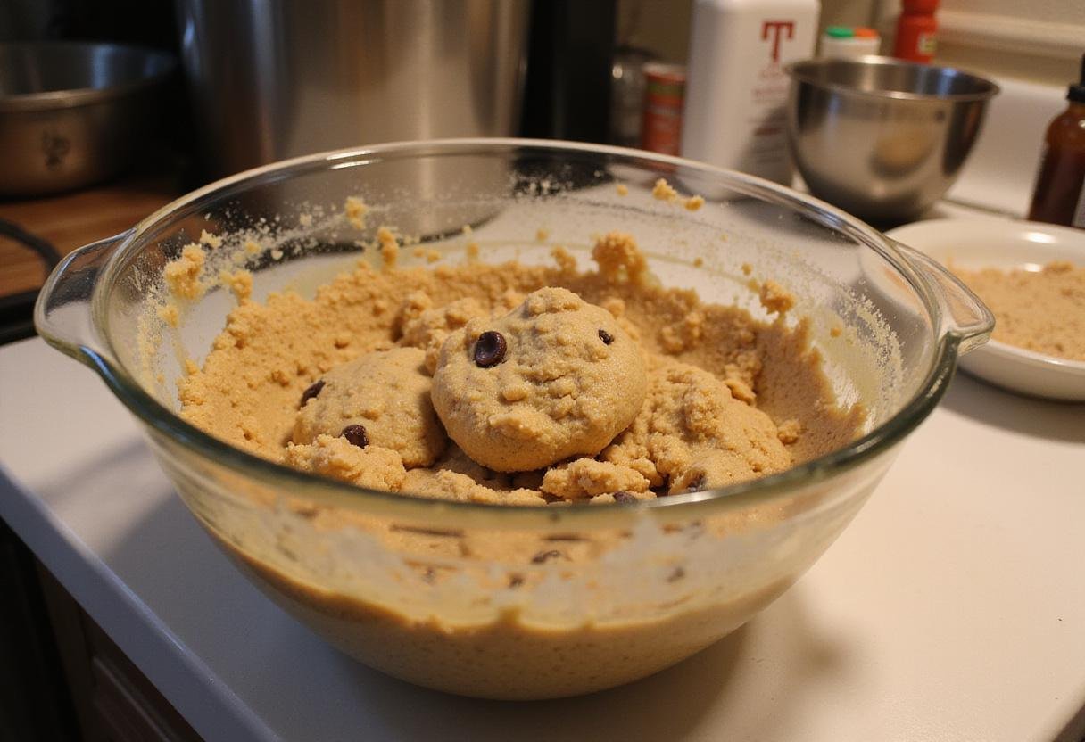Delicious cookie dough mixture in preparation for oreo chocolate chip cookies, combining butter, sugar, and chocolate chips.