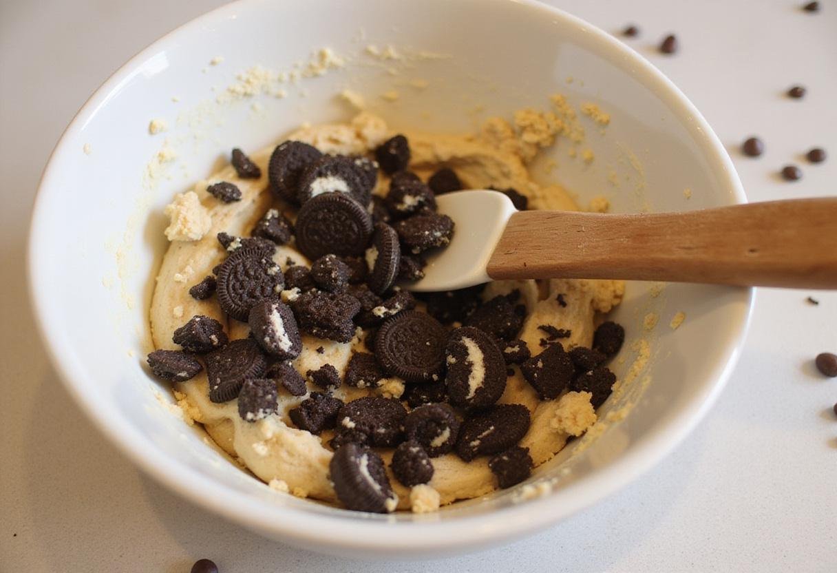 Crushed Oreo cookies being mixed into the chocolate cookie dough for oreo chocolate chip cookies, showcasing the blending of flavors.