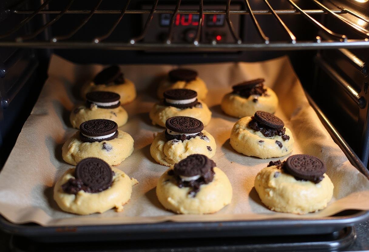 Cookie dough balls ready for baking oreo chocolate chip cookies, adorned with extra Oreo pieces for added flavor.