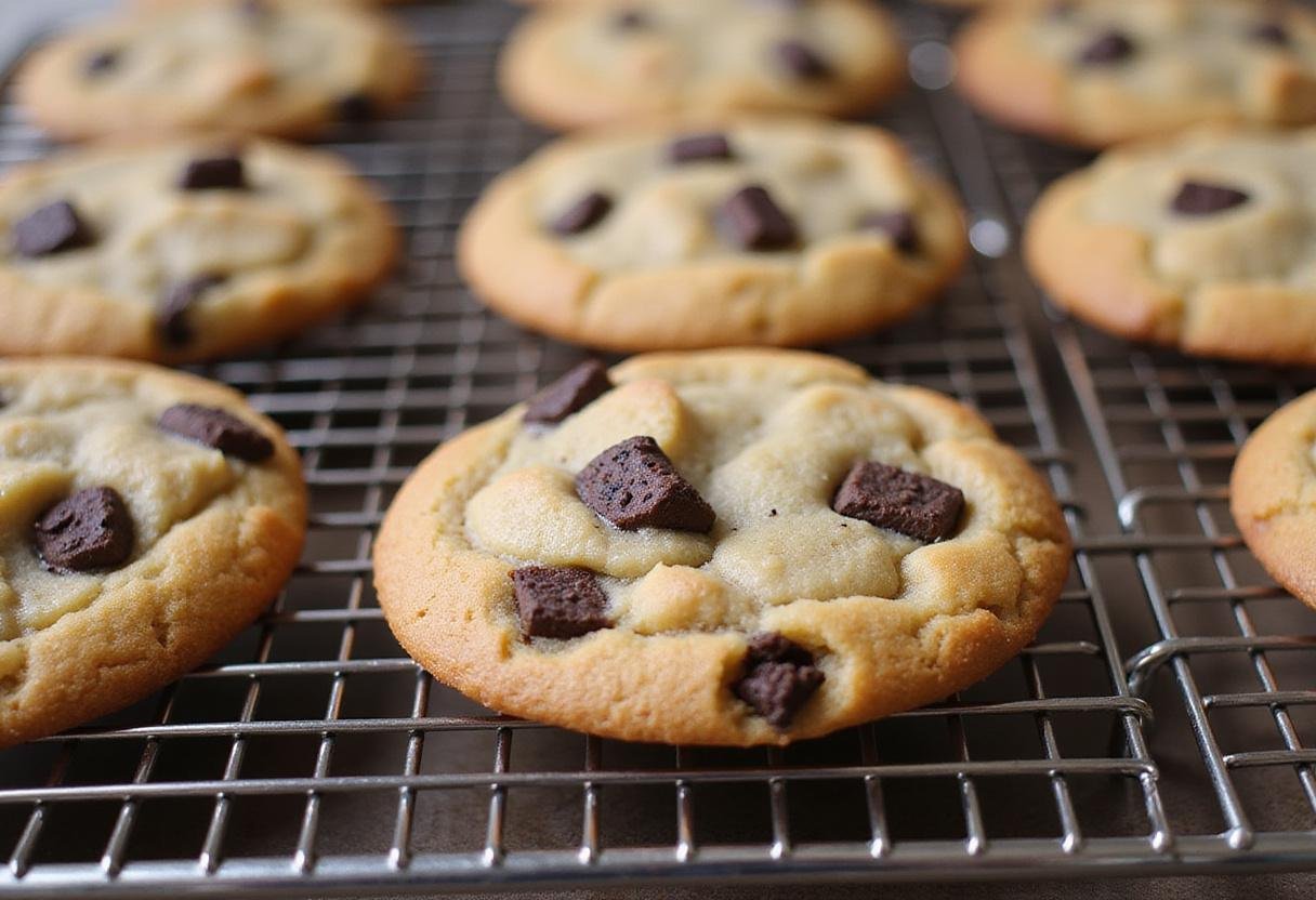 Freshly baked oreo chocolate chip cookies cooling on a rack, highlighting their delicious golden-brown appearance.