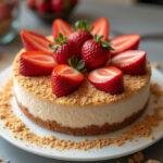 Final presentation of a luscious strawberry cheesecake surrounded by strawberries, showcasing a perfect dessert for strawberry cheesecake lovers.
